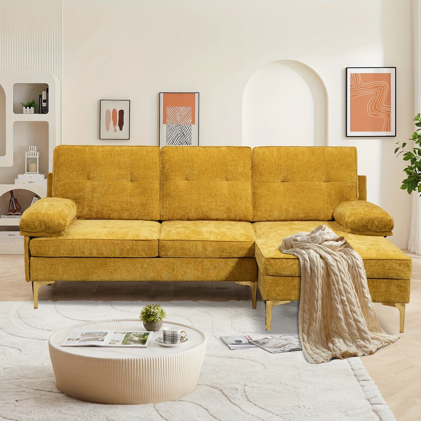 84"L Shape Sofa For Living Room, Convertible L Shape Couch 3 Seat Comfy Sofa, Modern Chenille Fabric Couches With Reversible Wide Chaise & Fluffy Armrests For Apartment, Small Space