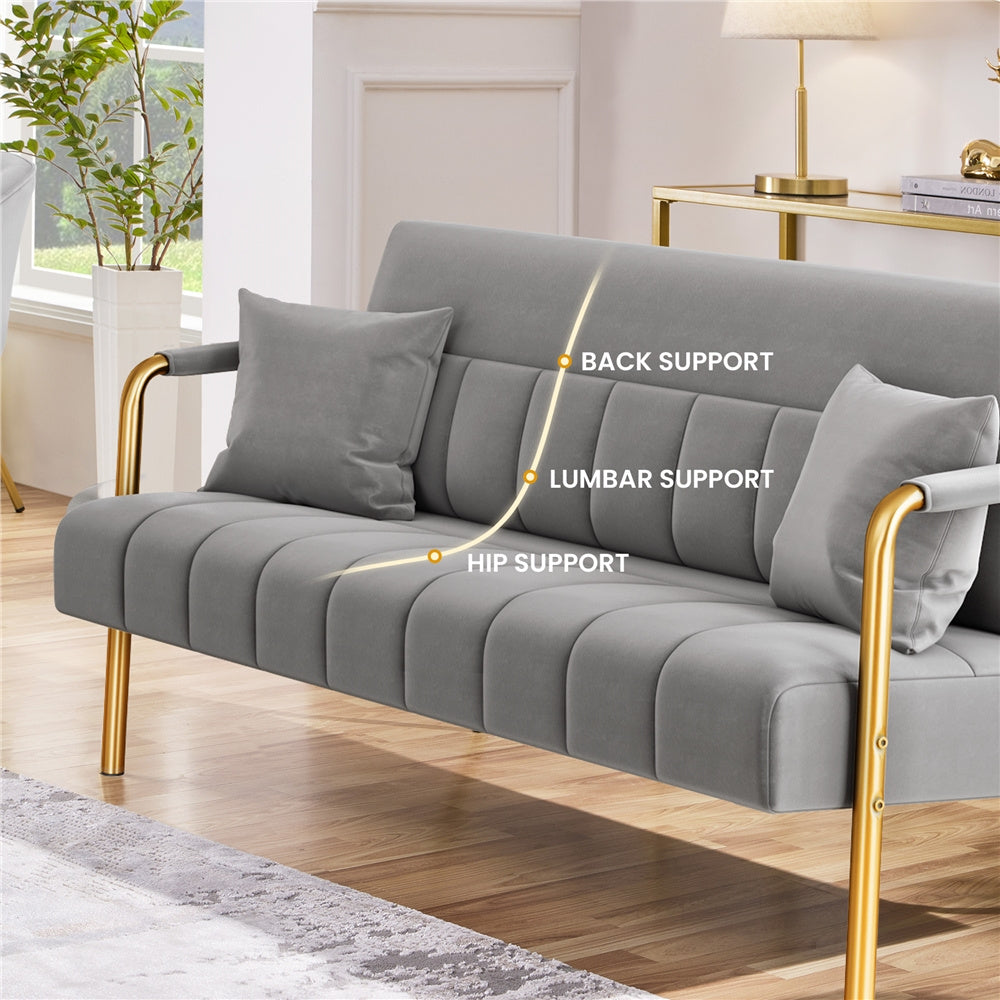 Costoffs Velvet Fabric Sofa Couch, 56.5″ W Modern Loveseat Couch with Gold-tone Metal Arms, Legs & 2 Pillows, Sofa for Living Room, Bedroom Furniture, Pink\u002FGreen\u002FGray