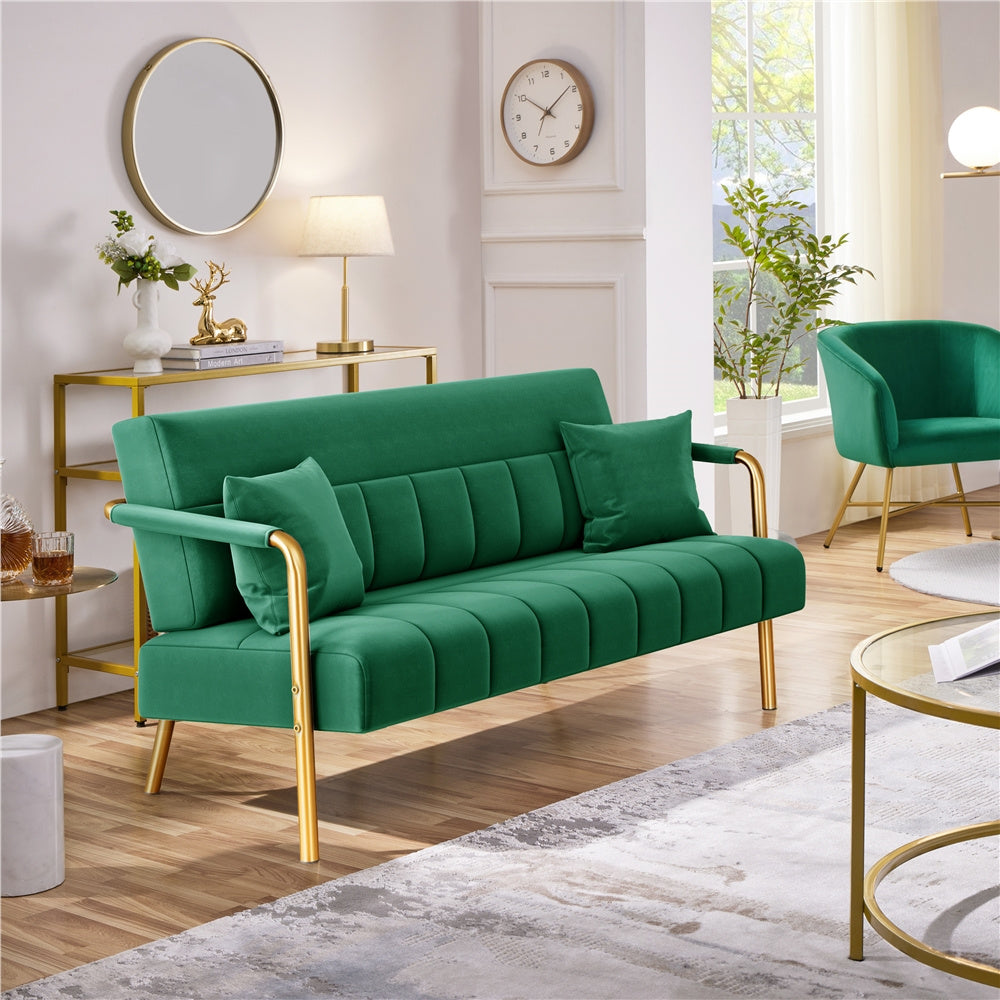 Costoffs Velvet Fabric Sofa Couch, 56.5″ W Modern Loveseat Couch with Gold-tone Metal Arms, Legs & 2 Pillows, Sofa for Living Room, Bedroom Furniture, Pink\u002FGreen\u002FGray