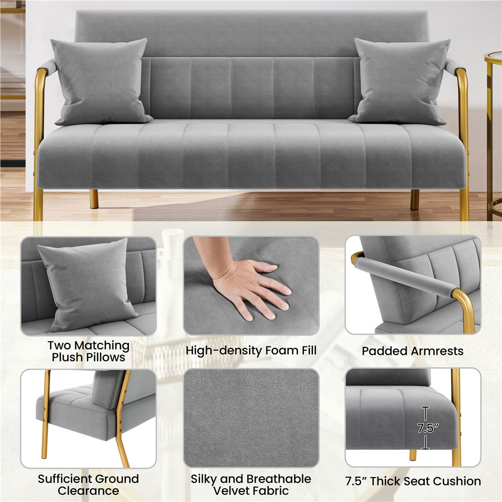 Costoffs Velvet Fabric Sofa Couch, 56.5″ W Modern Loveseat Couch with Gold-tone Metal Arms, Legs & 2 Pillows, Sofa for Living Room, Bedroom Furniture, Pink\u002FGreen\u002FGray
