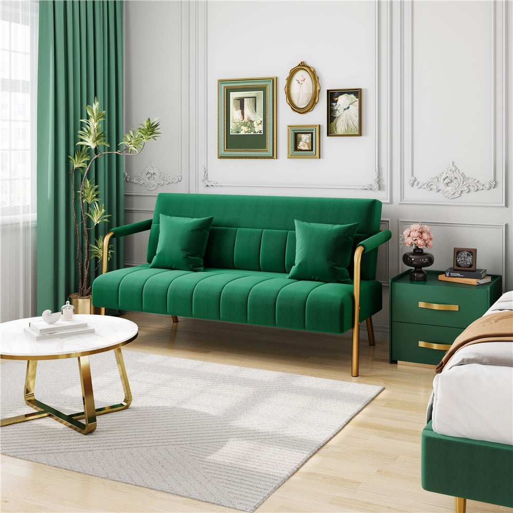 Costoffs Velvet Fabric Sofa Couch, 56.5″ W Modern Loveseat Couch with Gold-tone Metal Arms, Legs & 2 Pillows, Sofa for Living Room, Bedroom Furniture, Pink\u002FGreen\u002FGray