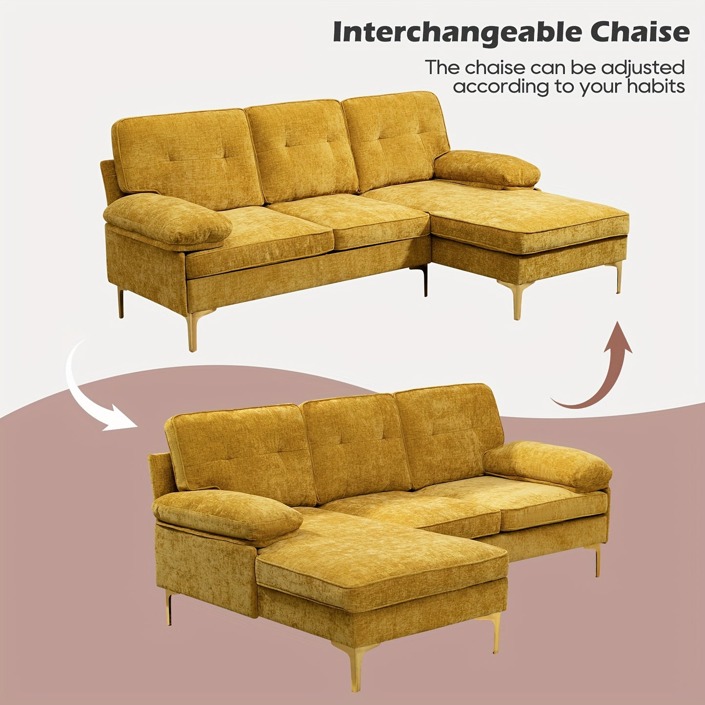 84"L Shape Sofa For Living Room, Convertible L Shape Couch 3 Seat Comfy Sofa, Modern Chenille Fabric Couches With Reversible Wide Chaise & Fluffy Armrests For Apartment, Small Space