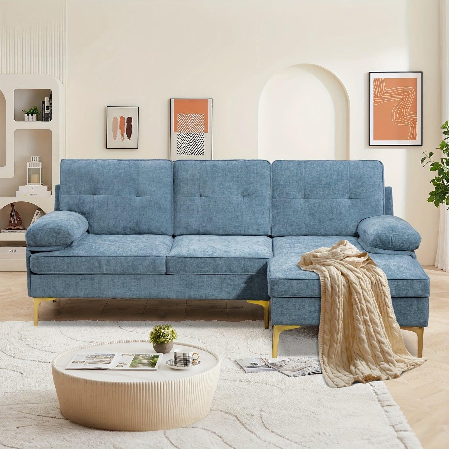 84"L Shape Sofa For Living Room, Convertible L Shape Couch 3 Seat Comfy Sofa, Modern Chenille Fabric Couches With Reversible Wide Chaise & Fluffy Armrests For Apartment, Small Space