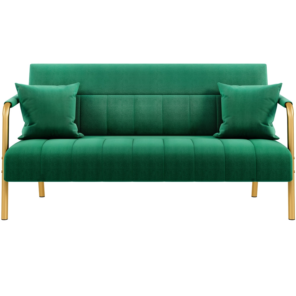 Costoffs Velvet Fabric Sofa Couch, 56.5″ W Modern Loveseat Couch with Gold-tone Metal Arms, Legs & 2 Pillows, Sofa for Living Room, Bedroom Furniture, Pink\u002FGreen\u002FGray