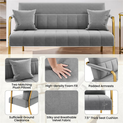 Costoffs Velvet Fabric Sofa Couch, 56.5″ W Modern Loveseat Couch with Gold-tone Metal Arms, Legs & 2 Pillows, Sofa for Living Room, Bedroom Furniture, Pink\u002FGreen\u002FGray
