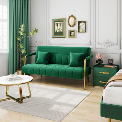 Costoffs Velvet Fabric Sofa Couch, 56.5″ W Modern Loveseat Couch with Gold-tone Metal Arms, Legs & 2 Pillows, Sofa for Living Room, Bedroom Furniture, Pink\u002FGreen\u002FGray