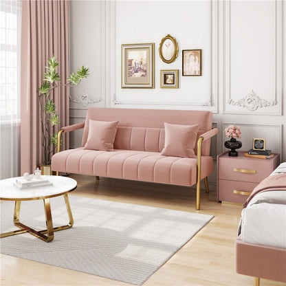 Costoffs Velvet Fabric Sofa Couch, 56.5″ W Modern Loveseat Couch with Gold-tone Metal Arms, Legs & 2 Pillows, Sofa for Living Room, Bedroom Furniture, Pink\u002FGreen\u002FGray